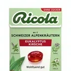 Ricola Швейцарские травяные конфеты (в коробке) без сахара, 50 г, Леденцы для рассасывания (Эвкалипт-вишня)