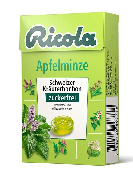 Ricola Швейцарские травяные конфеты (в коробке) без сахара, 50 г, Леденцы для рассасывания (Яблочная мята)