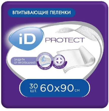 Пеленки одноразовые впитывающие iD Protect, 60 см x 90 см, 30 шт