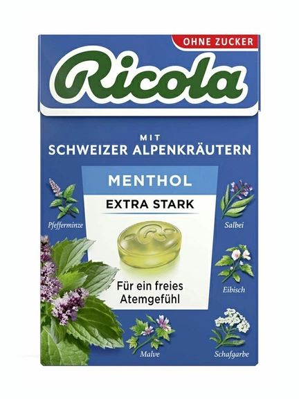 Ricola Швейцарские травяные конфеты (в коробке) без сахара, 50 г, Леденцы для рассасывания (Ментол)