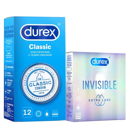 Durex презервативы classic, 12 шт + invisible extra lube, 3 шт, 15 шт