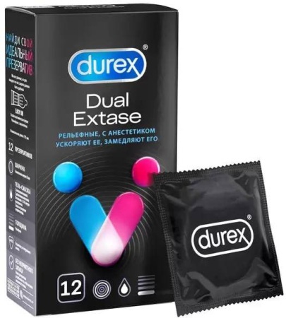 Презервативы Дюрекс Dual Extase, рельефные с анестетиком, 12 шт