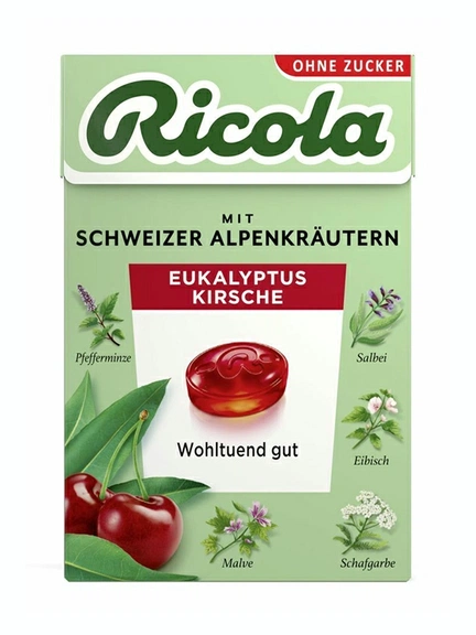 Ricola Швейцарские травяные конфеты (в коробке) без сахара, 50 г, Леденцы для рассасывания (Эвкалипт-вишня)