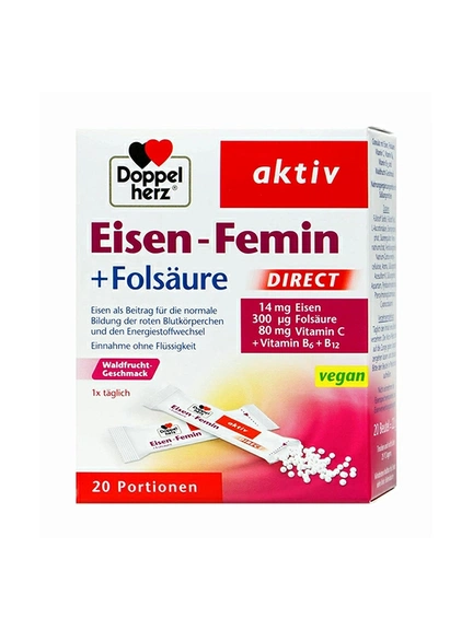 Doppelherz Aktiv, железо + фолиевая кислота для женщин, Гранулы прямого действия, 20 шт