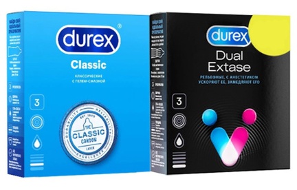 Дюрекс набор, Презервативы Classic + Dual Extase рельеф с анестетиком, 6 шт