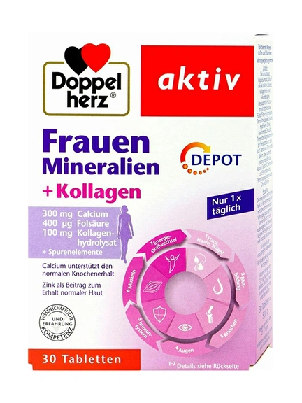 Doppelherz Aktiv, минералы для женщин + коллаген, таблетки, 30 шт