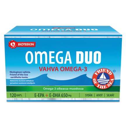 Bioteekin Omega Duo Vahva, Омега-3 с витамином Е для сердца и мозга, Капсулы желатиновые, 120 шт