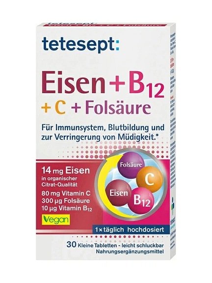 Tetesept, Железо+B12+C+фолиевая кислота, таблетки, покрытые пленочной оболочкой, 30 шт